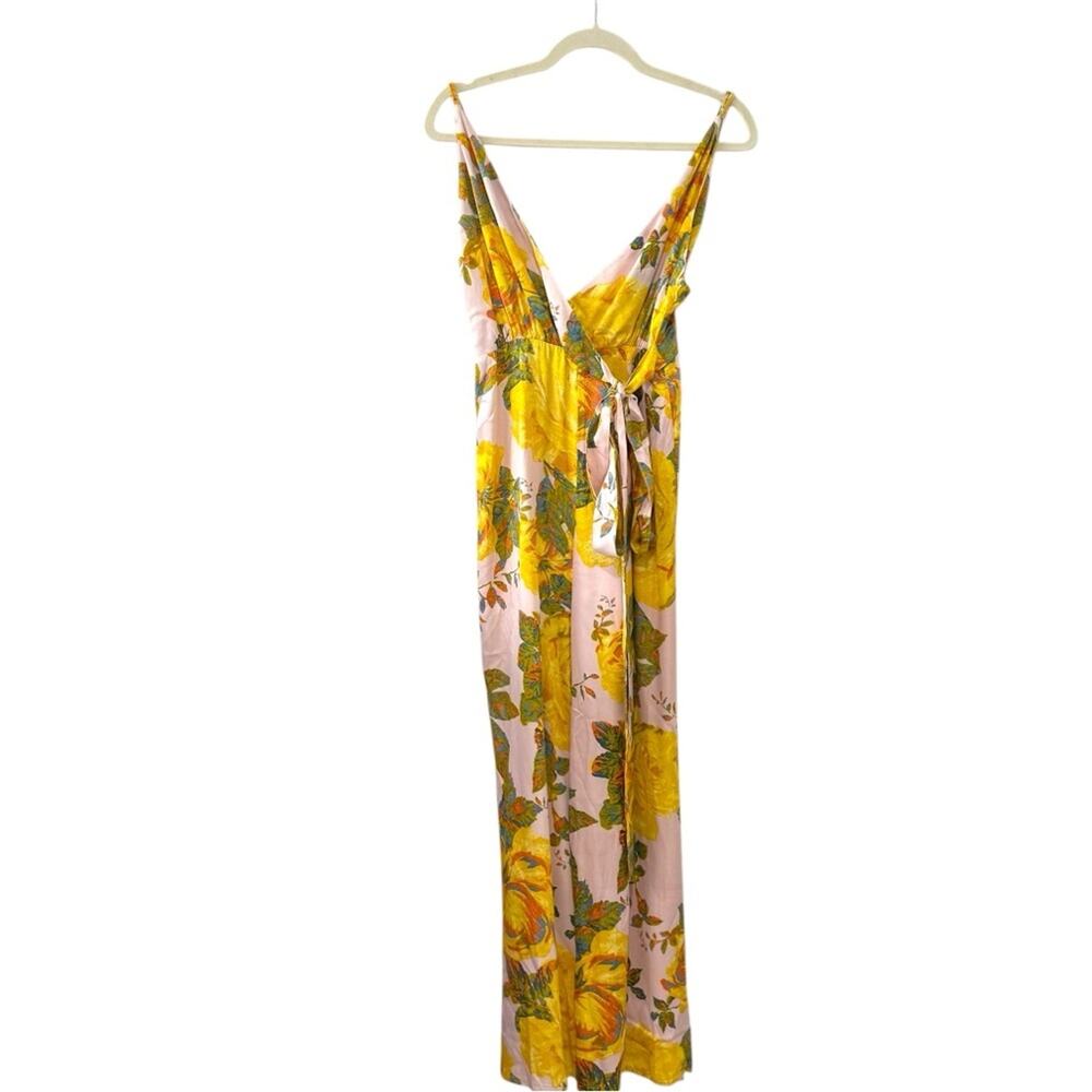 Free People Satin Floral Wide-Leg Jumpsuit – Size 6 Pink Yellow OB678056